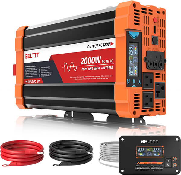 BELTTT 2000W Pure Sine Wave Inverter, Car Power Inverter 12V to 120V AC Converter for RV, Truck, Solar