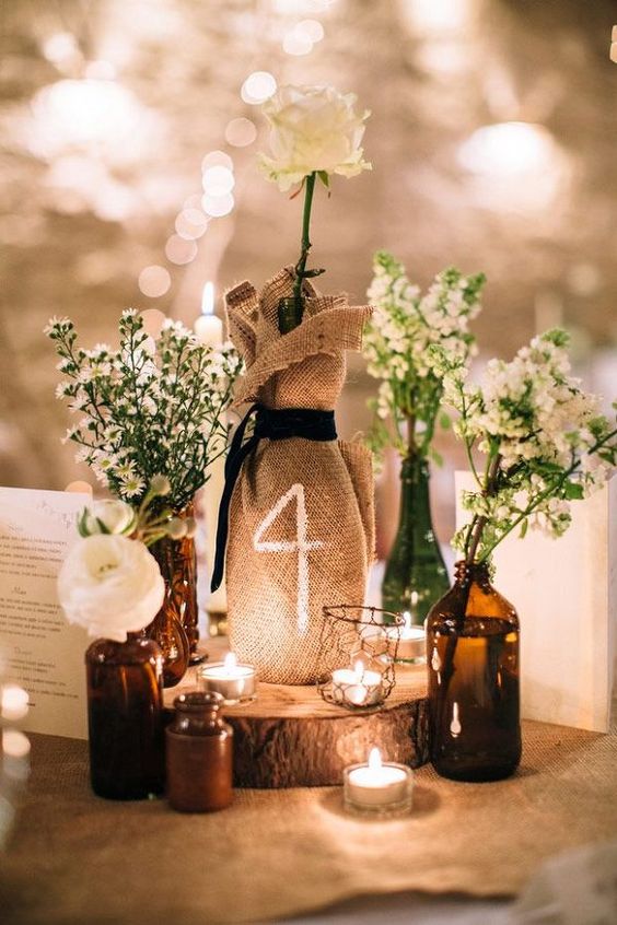 Table Number wine bottle decoration ideas small bottles with flowers